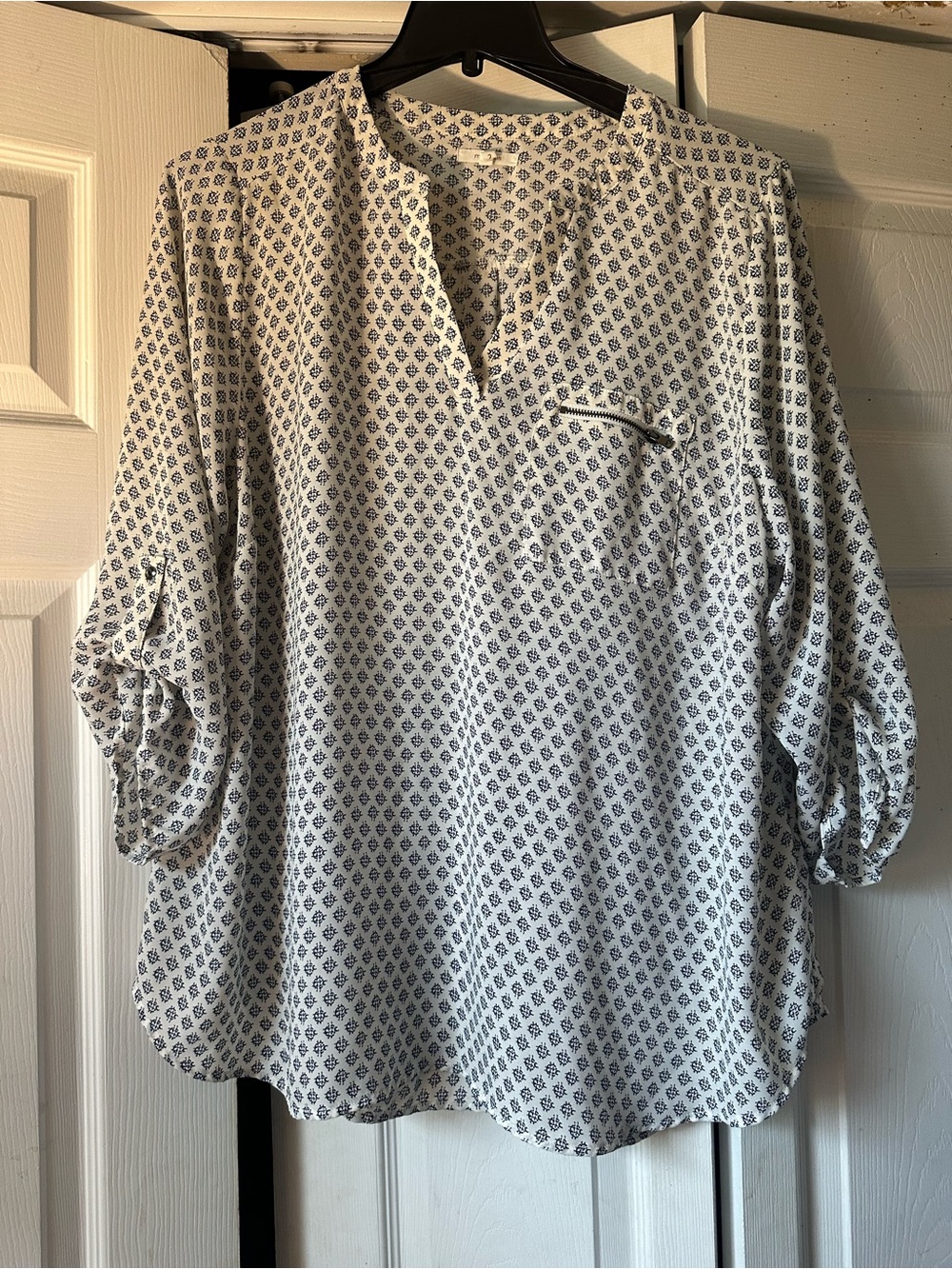 Maurices Cream Blouse with Navy Print